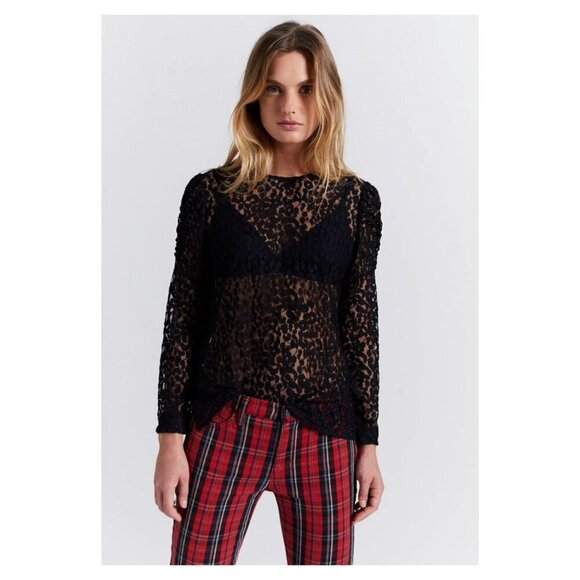 NEW Current/Elliott The Rin Top Black Leopard Lace Sheer LS Womens Sz 1 NWT $248 - Picture 15 of 15